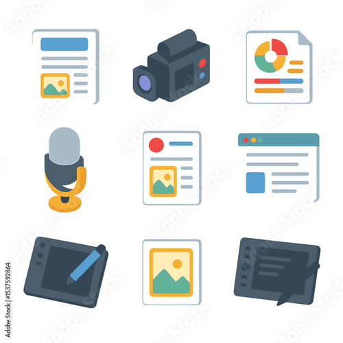 Content Creation Icons. Isometric Flat icon set of content creation: blog post, video camera, infographic, podcast microphone,