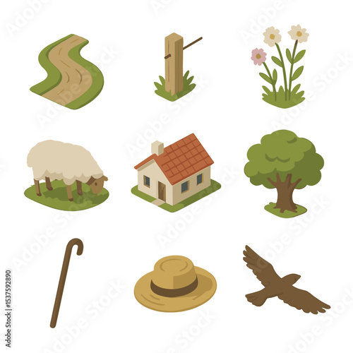 Countryside Icon Set. Isometric Flat icon set of countryside walking: dirt road, fence post, wildflowers, grazing sheep, farmhouse