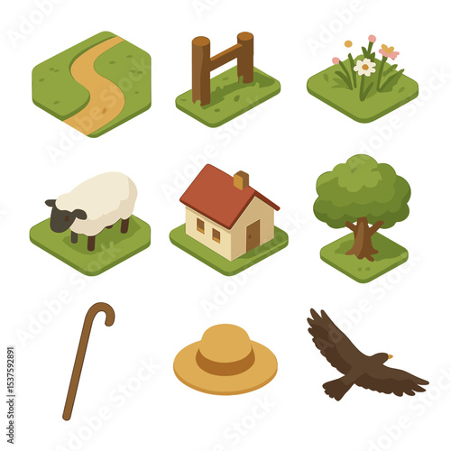 Countryside Icon Set. Isometric Flat icon set of countryside walking: dirt road, fence post, wildflowers, grazing sheep, farmhouse