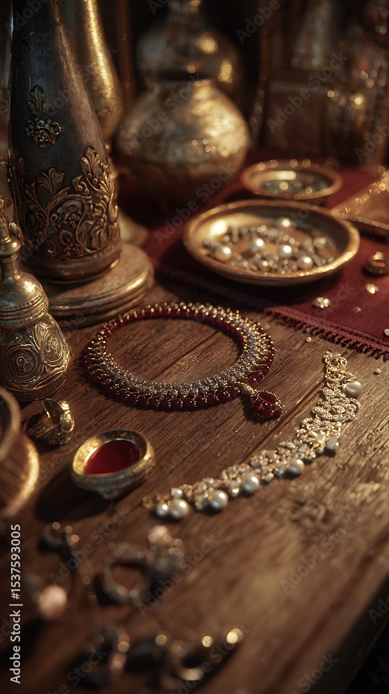 Fototapeta premium Still life of jewelry and ornate vessels on a wooden surface in warm lighting conditions