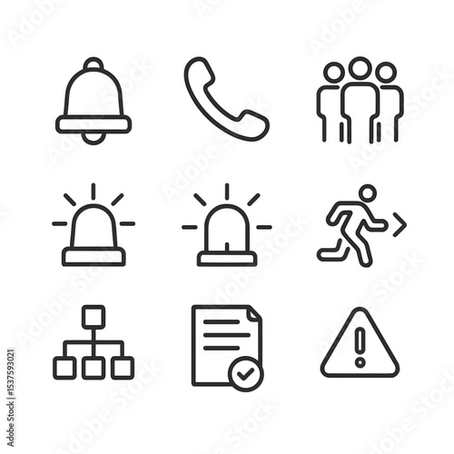 Crisis Management Icons. Outline icon set of crisis management tipping point: alarm bell, emergency phone, response team, siren