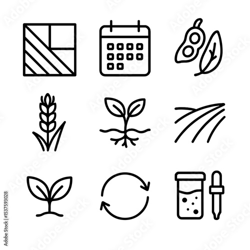 Crop Rotation Icons. Outline icon set of crop rotation planning: field diagram, calendar, legume crop, cereal crop, cover crop,