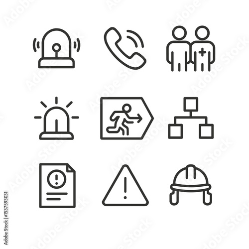 Crisis Management Icons. Outline icon set of crisis management tipping point: alarm bell, emergency phone, response team, siren