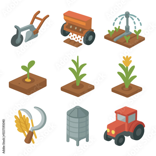 Crop Cycle Icons. Isometric Flat icon set of crop growth cycle: plow, seed drill, irrigation sprinkler, sprouting grain, growing