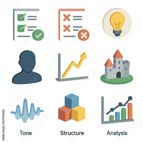 Critique Analysis Icons. Isometric Flat icon set of critique and analysis elements: pros checklist, cons checklist, theme icon,