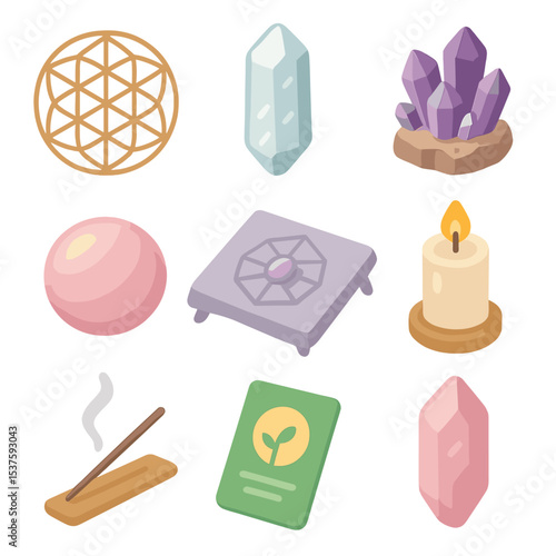 Crystal Grid Icon Set. Isometric Flat icon set of crystal grid setup: grid pattern, clear quartz, rose quartz, amethyst cluster,
