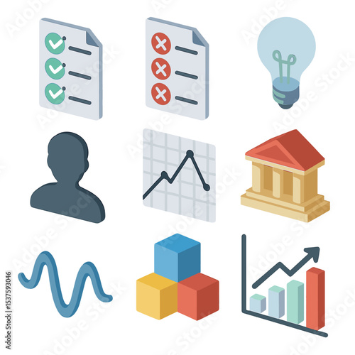 Critique Analysis Icons. Isometric Flat icon set of critique and analysis elements: pros checklist, cons checklist, theme icon,