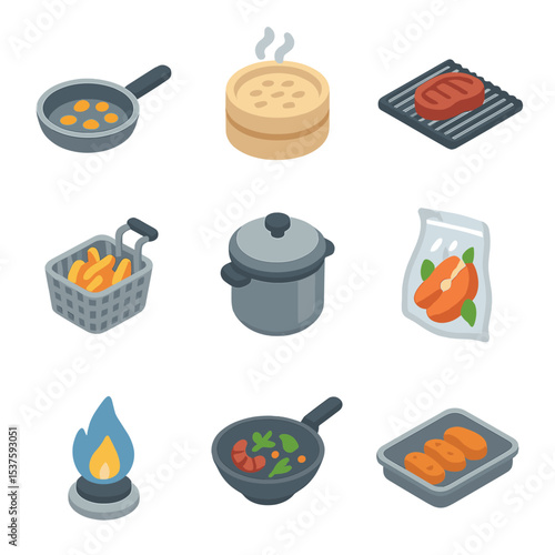 Culinary Technique Icons. Isometric Flat icon set of culinary techniques: sauté pan, steaming basket, grilling grate, deep fryer