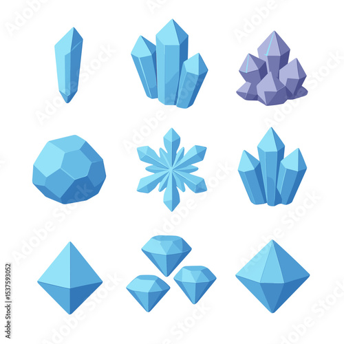 Crystalline Icon Set. Isometric Flat icon set of crystalline forms: crystal shard, prism cluster, gem cluster, faceted rock, ice