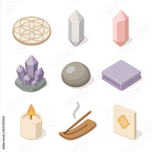 Crystal Grid Icon Set. Isometric Flat icon set of crystal grid setup: grid pattern, clear quartz, rose quartz, amethyst cluster,