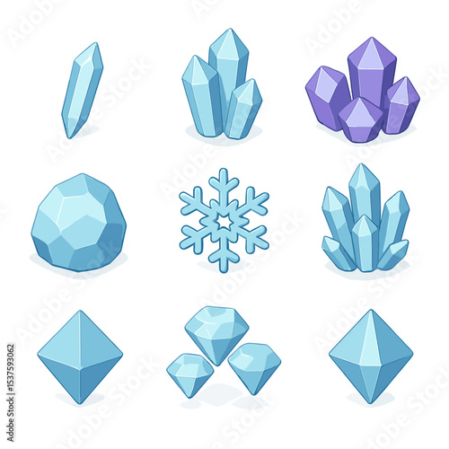 Crystalline Icon Set. Isometric Flat icon set of crystalline forms: crystal shard, prism cluster, gem cluster, faceted rock, ice