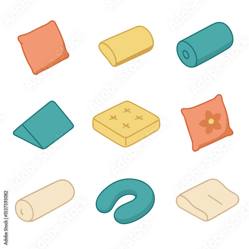 Isometric Cushion Icon Set. Isometric Flat icon set of cushion types: square cushion, lumbar cushion, round bolster, wedge cushion