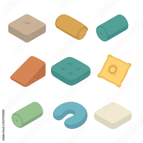 Isometric Cushion Icon Set. Isometric Flat icon set of cushion types: square cushion, lumbar cushion, round bolster, wedge cushion