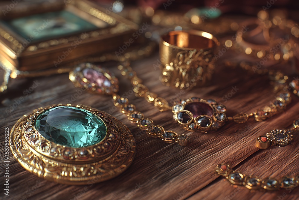 A collection of ornate gold jewelry including necklaces rings and brooches on a wooden surface A collection of ornate gold jewelry including necklaces rings and brooches on a wooden surface