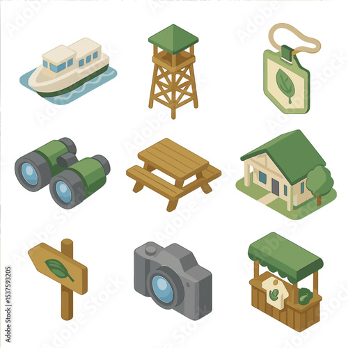 Delta Ecotourism Icons. Isometric Flat icon set of ecotourism in delta regions: river cruise boat, observation tower, eco-guide