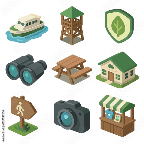 Delta Ecotourism Icons. Isometric Flat icon set of ecotourism in delta regions: river cruise boat, observation tower, eco-guide