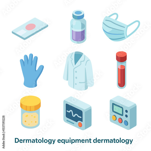 Dermatology Equipment Icons. Isometric Flat icon set of dermatology equipment: microscope slide, staining reagent vial, lab coat,