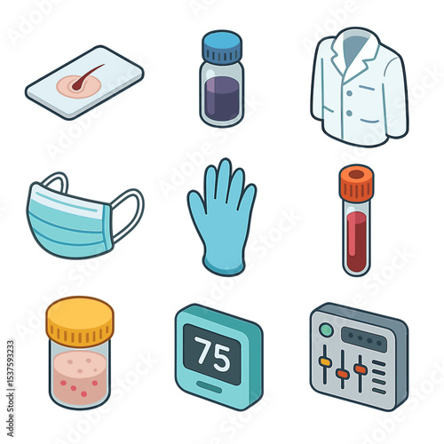 Dermatology Equipment Icons. Isometric Flat icon set of dermatology equipment: microscope slide, staining reagent vial, lab coat,