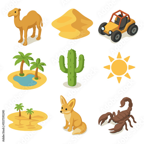 Desert Safari Icons. Isometric Flat icon set of desert safari: camel, sand dune, dune buggy, oasis, cactus, sun, mirage, desert