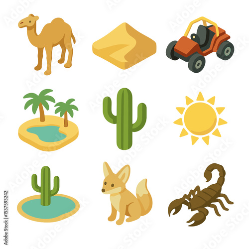 Desert Safari Icons. Isometric Flat icon set of desert safari: camel, sand dune, dune buggy, oasis, cactus, sun, mirage, desert