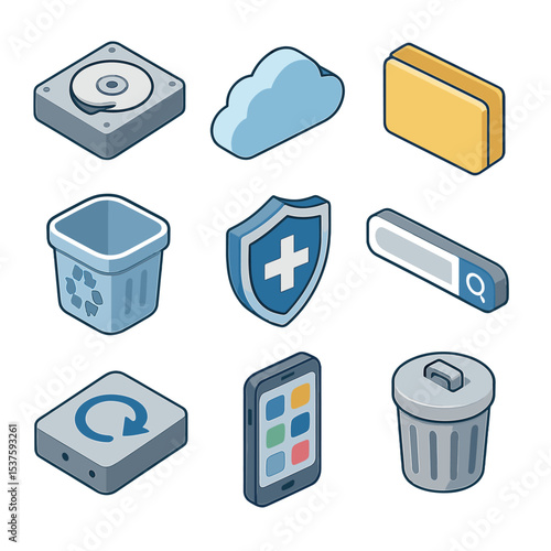 Digital Decluttering Icons. Isometric Flat icon set of digital decluttering tools: hard drive, cloud icon, file folder, recycle