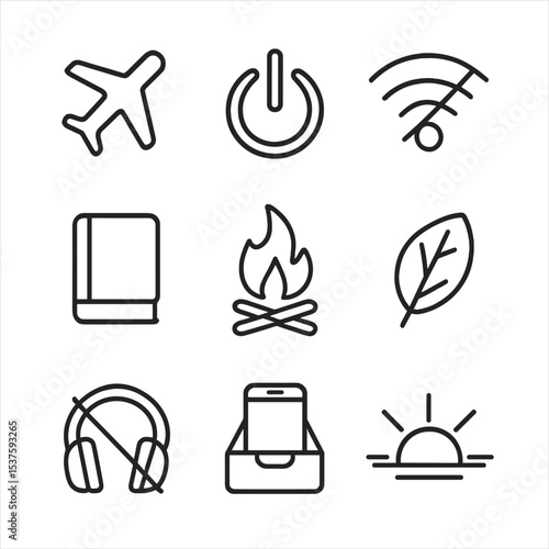 Digital Detox Icons. Outline icon set of digital detox and unplugging: airplane mode, power button, no Wi-Fi symbol, book,