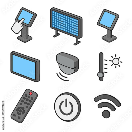 Digital Signage Icons. Isometric Flat icon set of digital signage screens: touchscreen kiosk, LED panel, tablet stand,
