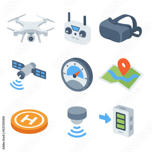Drone Icon Set. Isometric Flat icon set of aerial drone photography: quadcopter drone, remote controller, FPV goggles, GPS