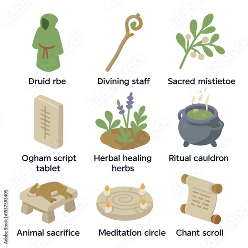 Druidic Icon Set. Isometric Flat icon set of druidic practices and tools: Druid robe, Divining staff, Sacred mistletoe, Ogham