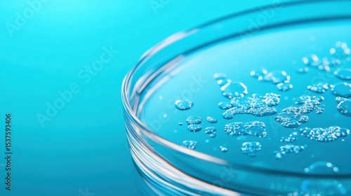 A detailed close-up of bacteria in a petri dish against a transparent blue background, macro shot, Minimalist style