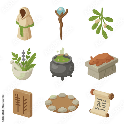 Druidic Icon Set. Isometric Flat icon set of druidic practices and tools: Druid robe, Divining staff, Sacred mistletoe, Ogham