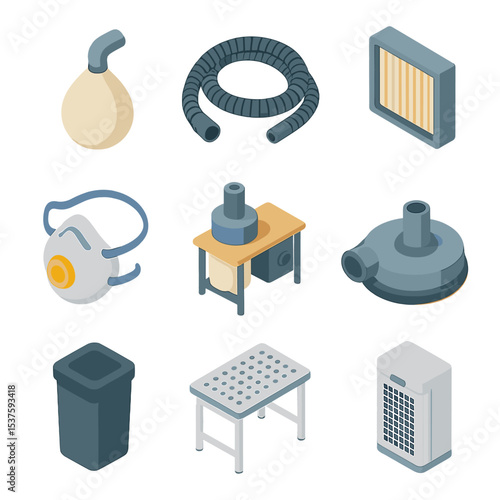 Dust Collection Icons. Isometric Flat icon set of dust collection accessories: dust bag, vacuum hose, HEPA filter, dust mask,