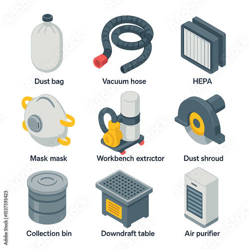 Dust Collection Icons. Isometric Flat icon set of dust collection accessories: dust bag, vacuum hose, HEPA filter, dust mask,