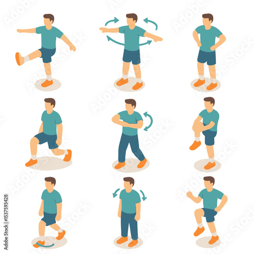 Dynamic Stretching Icon Set. Isometric Flat icon set of dynamic stretching exercises: leg swings, arm circles, hip rotations,