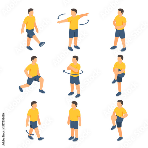 Dynamic Stretching Icon Set. Isometric Flat icon set of dynamic stretching exercises: leg swings, arm circles, hip rotations,