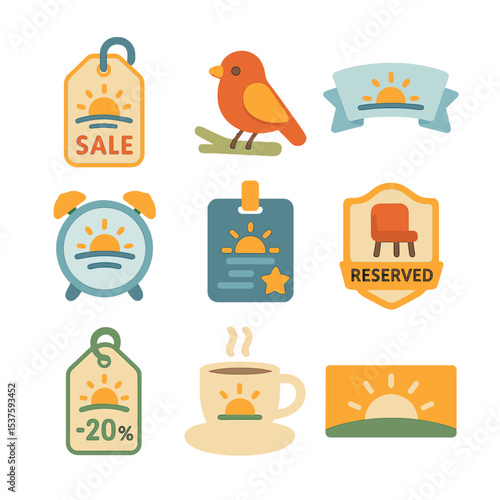 Early Bird Icons. Isometric Flat icon set of early bird specials: sunrise sale tag, roosting bird icon, “Early Bird” ribbon, dawn