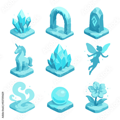 Enchanted Icy Icon Set. Isometric Flat icon set of enchanted icy pathway: glowing ice crystals, frost-covered arch, magical rune