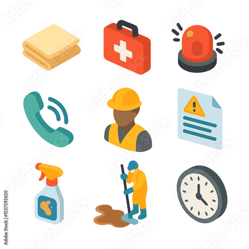 Emergency Spill Icons. Isometric Flat icon set of emergency spill response: towel, first aid kit, alert bell, phone call icon,