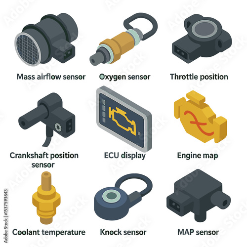 Engine Sensor Icon Set. Isometric Flat icon set of Engine Management and Sensor Systems: mass airflow sensor, oxygen sensor,