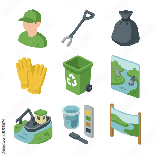 Environmental Cleanup Icons. Isometric Flat icon set of environmental cleanup along the river: volunteer avatar, litter picker,