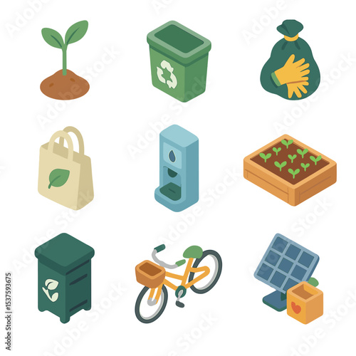 Environmental Icon Set. Isometric Flat icon set of environmental care kindness: tree sapling, recycle bin, trash bag with gloves,