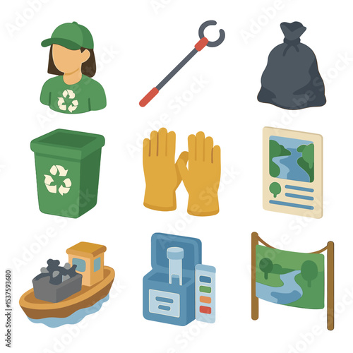 Environmental Cleanup Icons. Isometric Flat icon set of environmental cleanup along the river: volunteer avatar, litter picker,