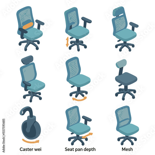 Ergonomic Chair Icon Set. Isometric Flat icon set of ergonomic chair features: adjustable lumbar support, adjustable armrest,