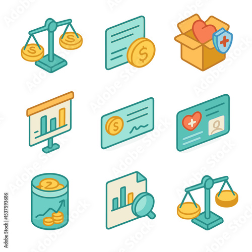 Equal Pay Icons. Isometric Flat icon set of equal pay and benefits: pay scale icon, paycheck stub, benefit package, salary