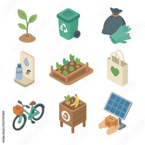 Environmental Icon Set. Isometric Flat icon set of environmental care kindness: tree sapling, recycle bin, trash bag with gloves,