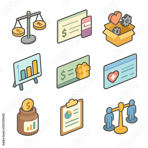 Equal Pay Icons. Isometric Flat icon set of equal pay and benefits: pay scale icon, paycheck stub, benefit package, salary