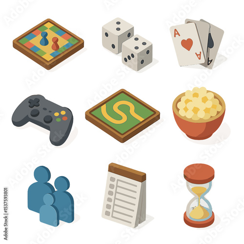 Family Game Night Icons. Isometric Flat icon set of family game night: board game, dice, playing cards, game controller, game