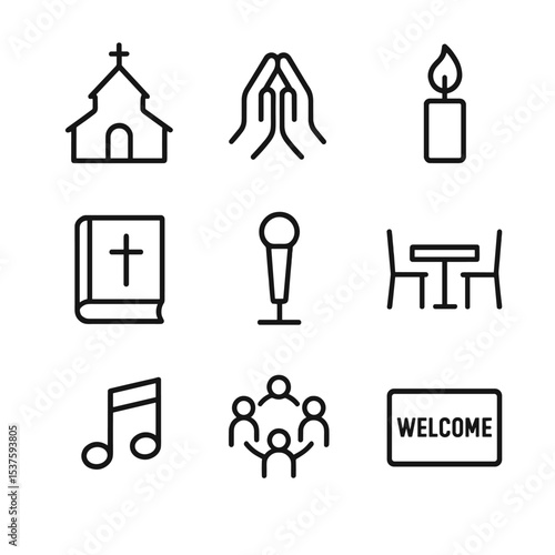 Faith Icons Grid. Outline icon set of faith-based gatherings: church silhouette, prayer hands, candle flame, scripture book, choir