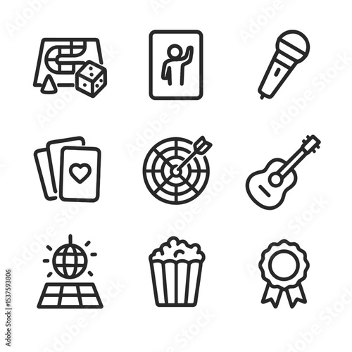 Family Games Icon Set. Outline icon set of family games and entertainment: board game, charades card, karaoke microphone, playing