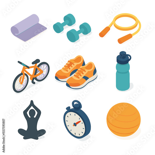 Family Fitness Icon Set. Isometric Flat icon set of family fitness and exercise: yoga mat, dumbbells, jump rope, bicycle, sports